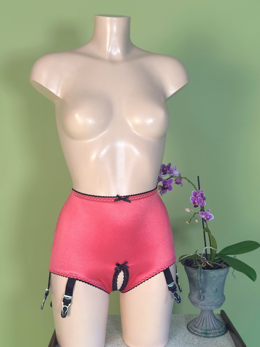 Pink garter belt and panty set with black trim and clips, displayed on a beige mannequin torso against a light green wall, with a potted orchid on the right.