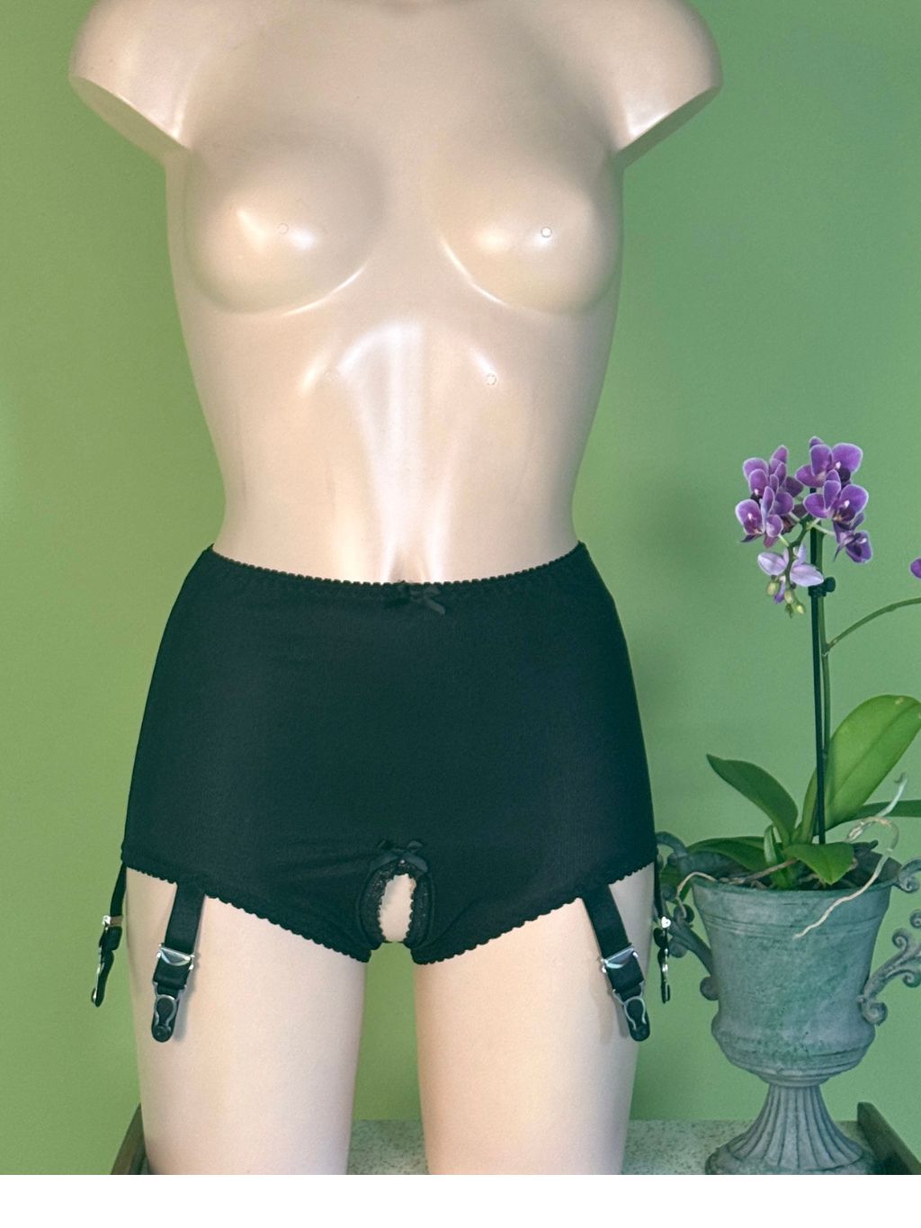 Black high-waisted briefs with attached garter straps displayed on a beige mannequin torso, set against a light green wall with a potted purple orchid on the right.