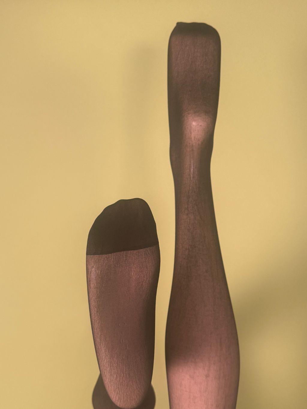 A pair of sheer dark brown tights or stockings shown on a mannequin form against a solid pale yellow background.