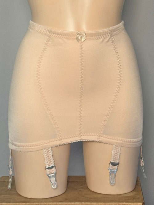Beige high-waisted open bottom girdle with garter straps, displayed on a mannequin.