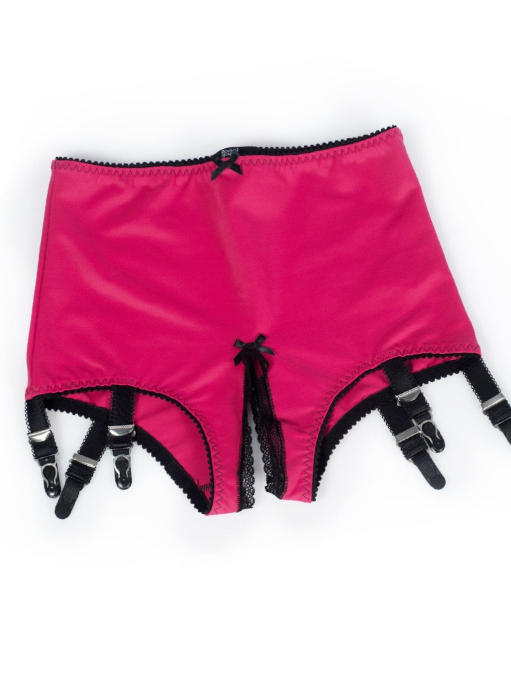 Pink satin girdle set with black garters on a white background