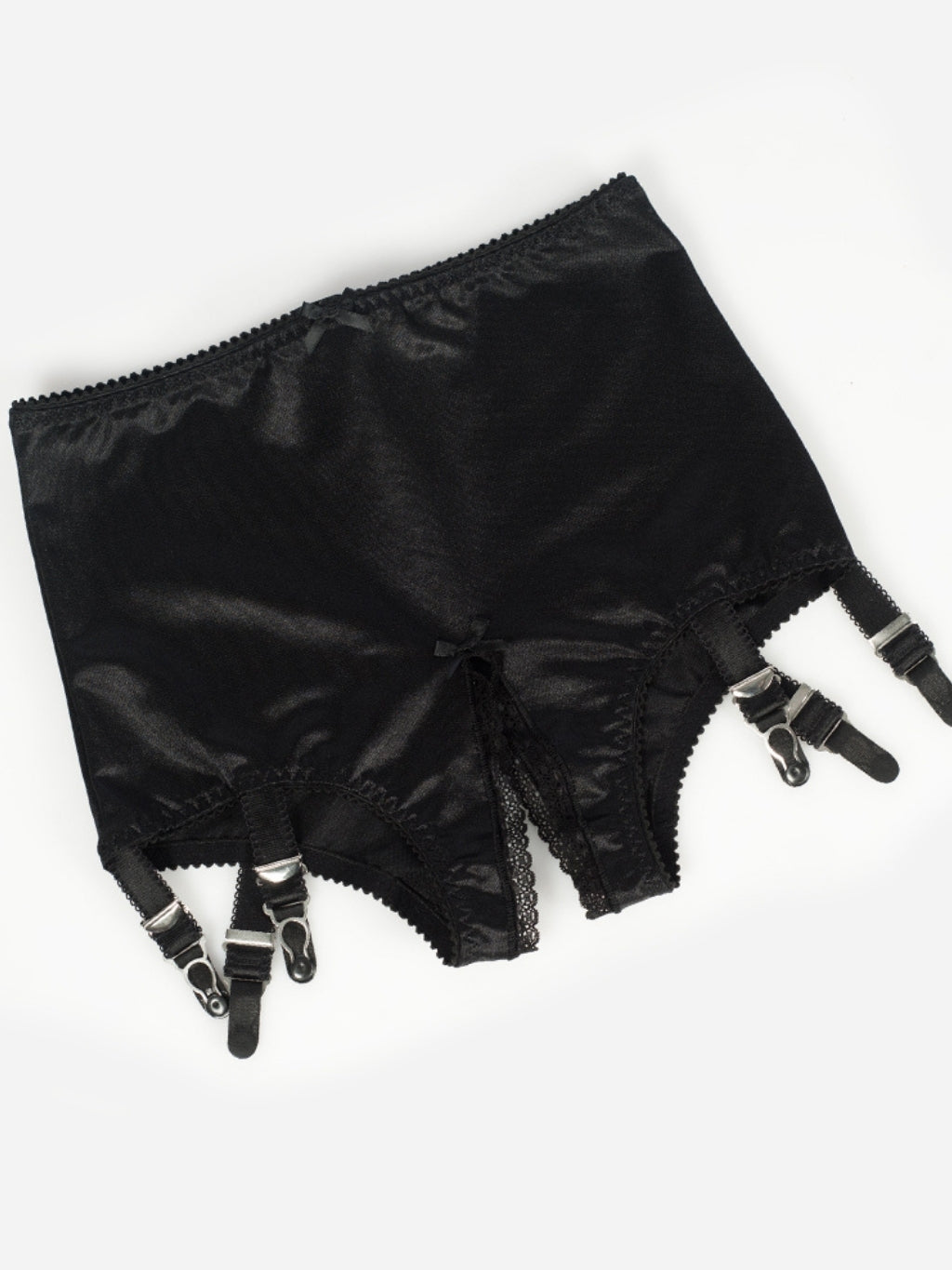 Black satin girdle with garters on a white background