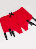 Red crotchless panty girdle with crotchless with black suspenders on a white background