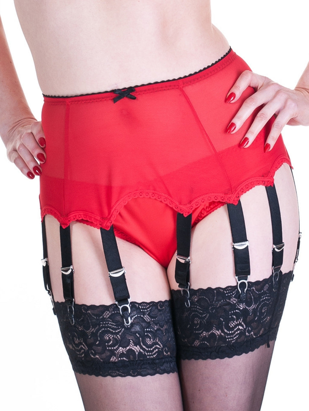 Red 8 strap suspender belt with  black suspenders on a white background