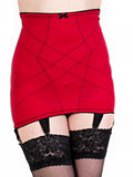 Red girdle with black trim worn by a person on a white background