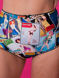 Colorful underwear with vintage magazine cover print on a pink background