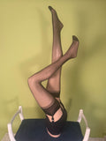 A person wearing sheer black thigh-high stockings and a black garter belt sits upside down on a chair against a yellow-green wall.