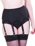 Black garter belt with suspenders worn by a person on a white background